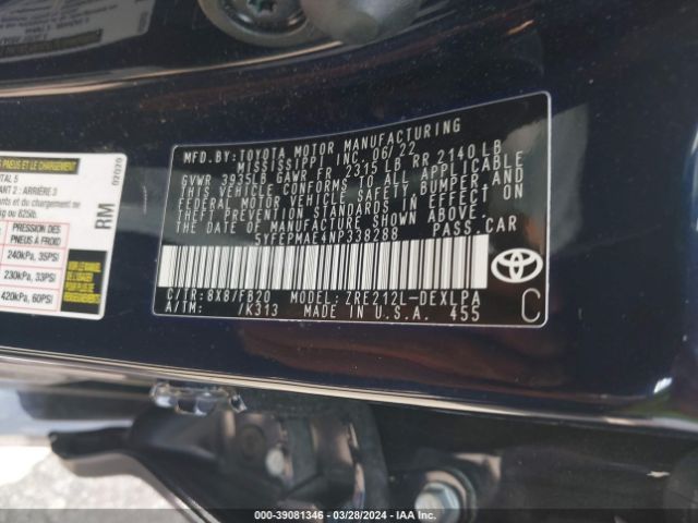 Photo 8 VIN: 5YFEPMAE4NP338288 - TOYOTA COROLLA 