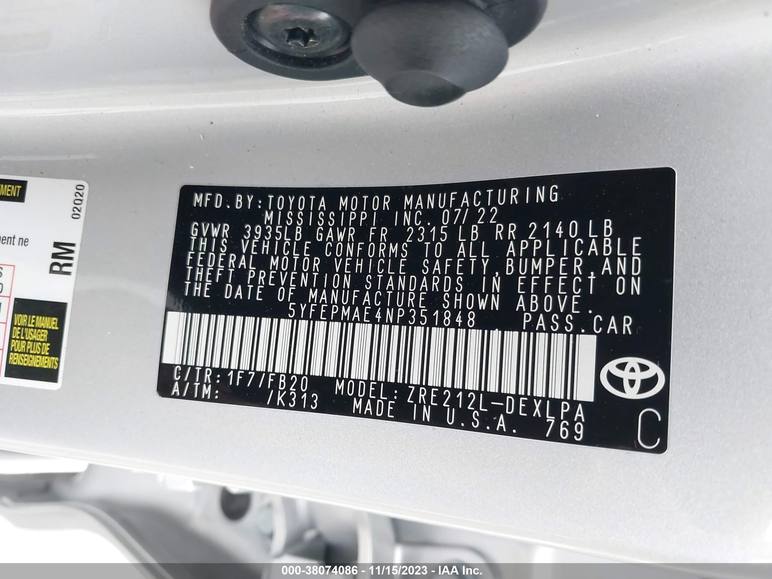 Photo 8 VIN: 5YFEPMAE4NP351848 - TOYOTA COROLLA 