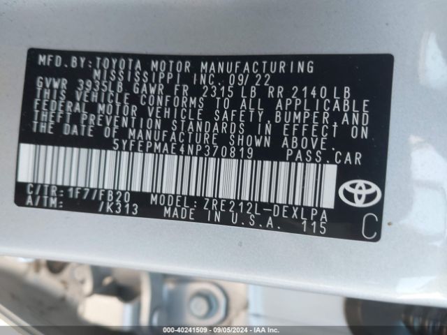 Photo 8 VIN: 5YFEPMAE4NP370819 - TOYOTA COROLLA 