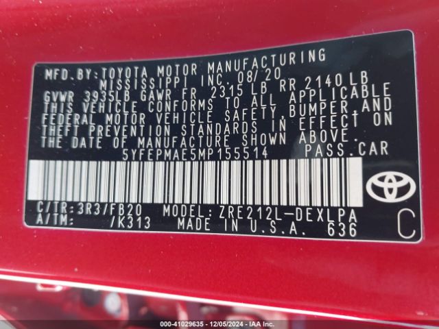 Photo 8 VIN: 5YFEPMAE5MP155514 - TOYOTA COROLLA 