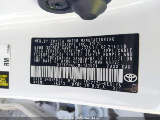 Photo 8 VIN: 5YFEPMAE5MP183524 - TOYOTA COROLLA 