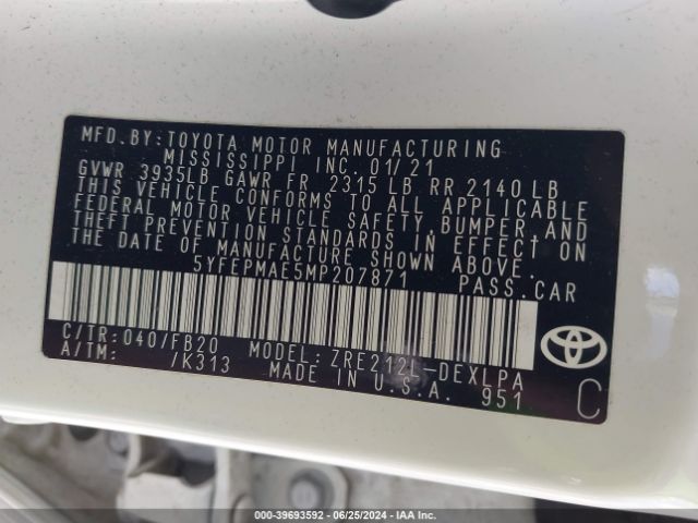 Photo 8 VIN: 5YFEPMAE5MP207871 - TOYOTA COROLLA 