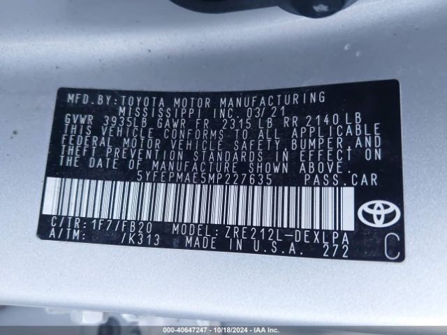 Photo 8 VIN: 5YFEPMAE5MP227635 - TOYOTA COROLLA 