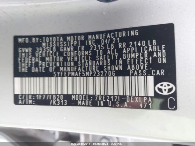 Photo 8 VIN: 5YFEPMAE5MP232706 - TOYOTA COROLLA 