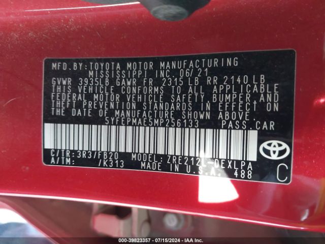 Photo 8 VIN: 5YFEPMAE5MP256133 - TOYOTA COROLLA 