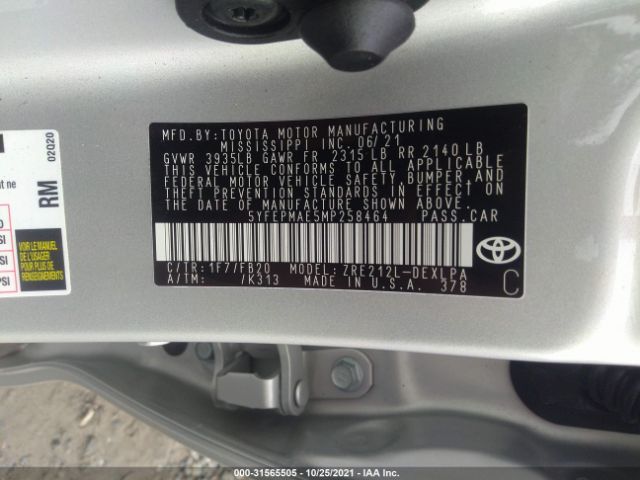 Photo 8 VIN: 5YFEPMAE5MP258464 - TOYOTA COROLLA 