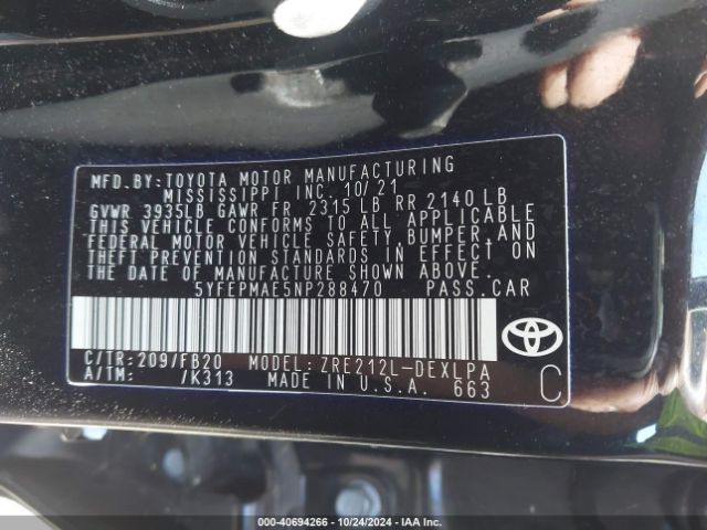 Photo 8 VIN: 5YFEPMAE5NP288470 - TOYOTA COROLLA 