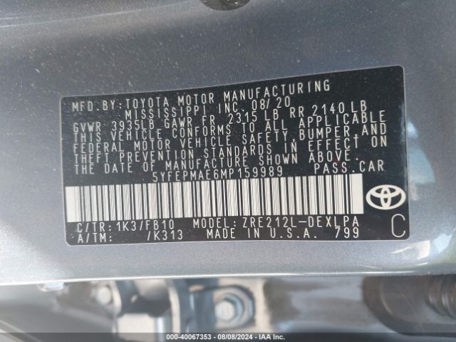 Photo 8 VIN: 5YFEPMAE6MP159989 - TOYOTA COROLLA 