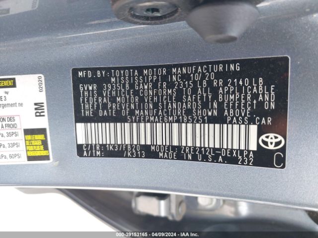 Photo 8 VIN: 5YFEPMAE6MP185251 - TOYOTA COROLLA 