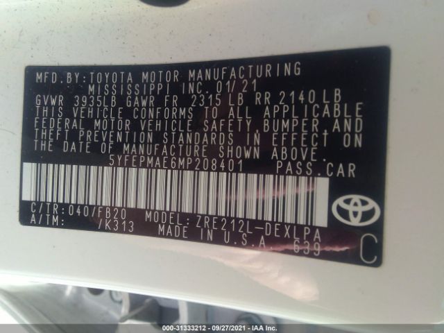 Photo 8 VIN: 5YFEPMAE6MP208401 - TOYOTA COROLLA 