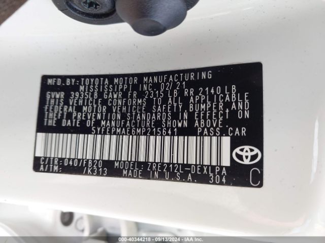 Photo 8 VIN: 5YFEPMAE6MP215641 - TOYOTA COROLLA 