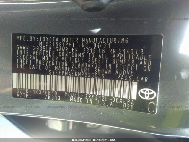 Photo 8 VIN: 5YFEPMAE6MP236036 - TOYOTA COROLLA 