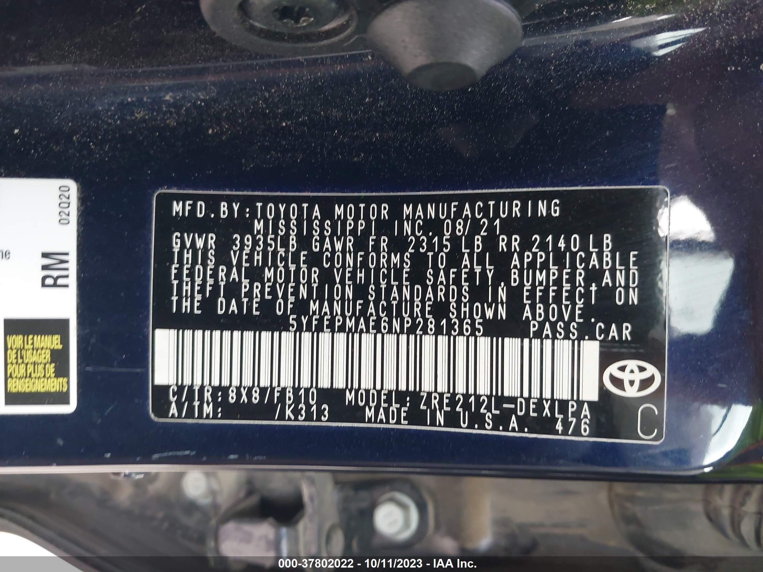 Photo 8 VIN: 5YFEPMAE6NP281365 - TOYOTA COROLLA 