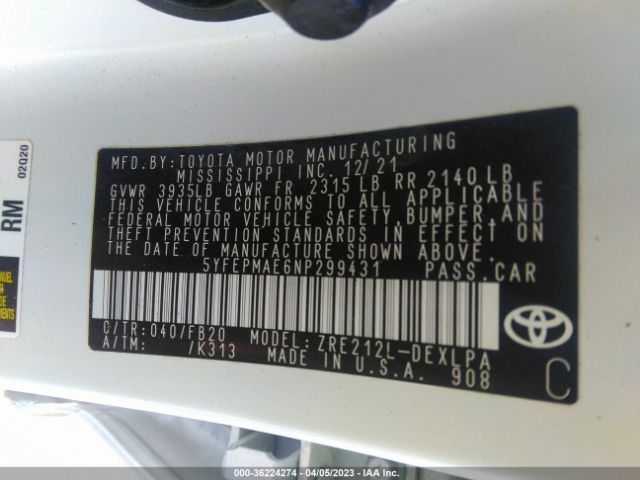 Photo 8 VIN: 5YFEPMAE6NP299431 - TOYOTA COROLLA 