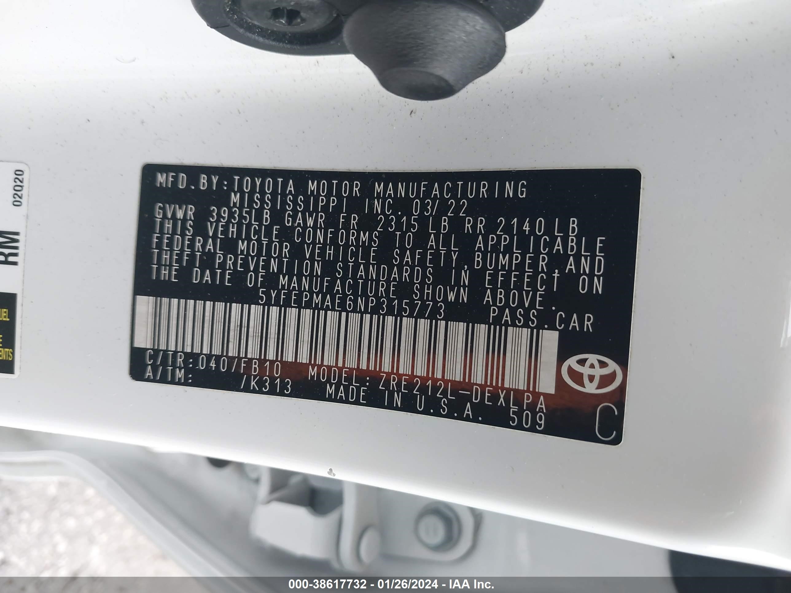 Photo 8 VIN: 5YFEPMAE6NP315773 - TOYOTA COROLLA 