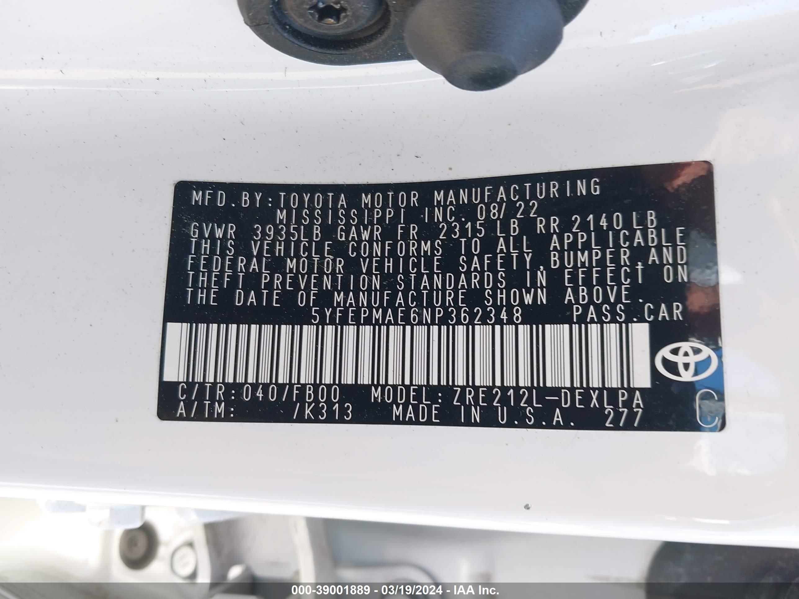 Photo 8 VIN: 5YFEPMAE6NP362348 - TOYOTA COROLLA 