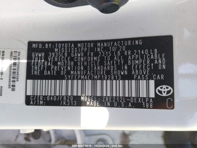 Photo 8 VIN: 5YFEPMAE7MP182813 - TOYOTA COROLLA 