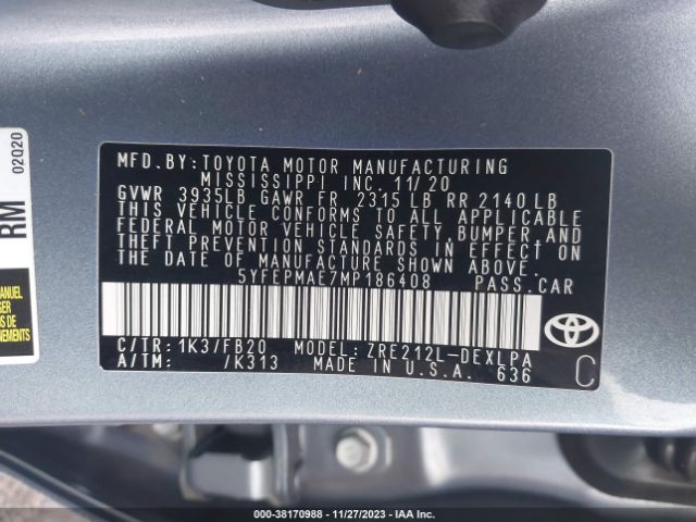 Photo 8 VIN: 5YFEPMAE7MP186408 - TOYOTA COROLLA 