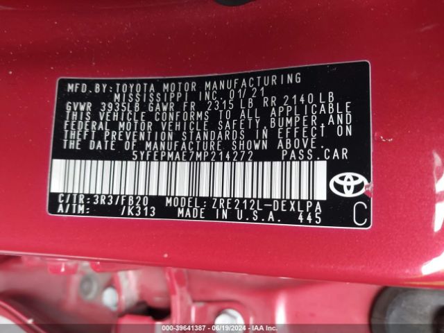 Photo 8 VIN: 5YFEPMAE7MP214272 - TOYOTA COROLLA 