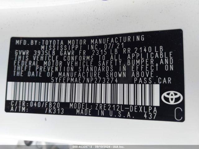 Photo 8 VIN: 5YFEPMAE7NP273274 - TOYOTA COROLLA 