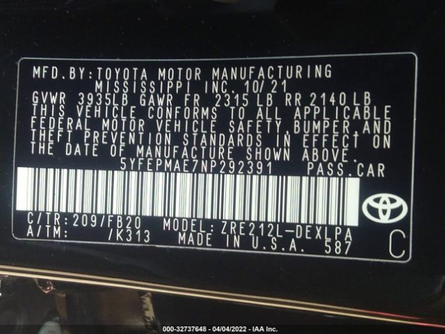 Photo 8 VIN: 5YFEPMAE7NP292391 - TOYOTA COROLLA 