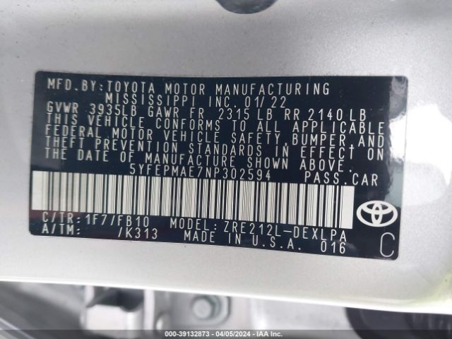 Photo 8 VIN: 5YFEPMAE7NP302594 - TOYOTA COROLLA 