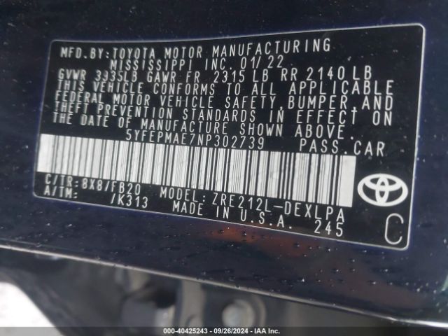 Photo 8 VIN: 5YFEPMAE7NP302739 - TOYOTA COROLLA 