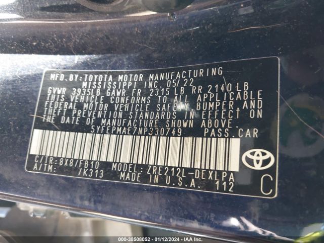 Photo 8 VIN: 5YFEPMAE7NP330749 - TOYOTA COROLLA 