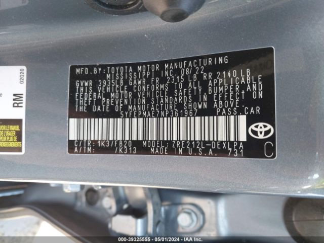 Photo 8 VIN: 5YFEPMAE7NP361967 - TOYOTA COROLLA 