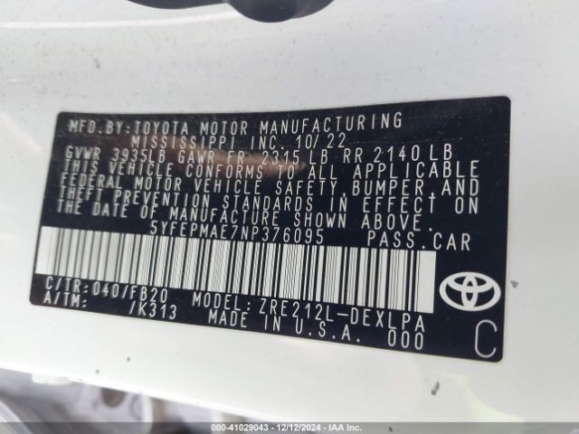 Photo 8 VIN: 5YFEPMAE7NP376095 - TOYOTA COROLLA 