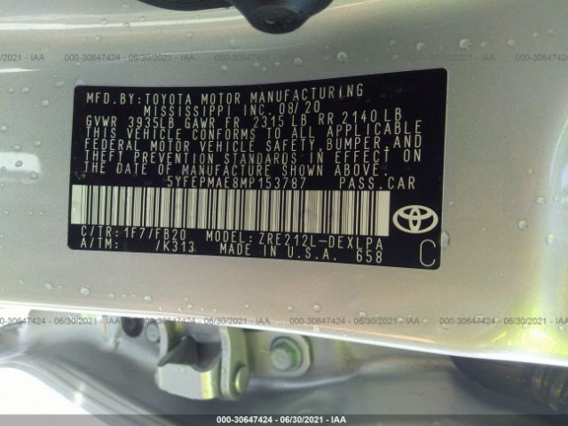 Photo 8 VIN: 5YFEPMAE8MP153787 - TOYOTA COROLLA 