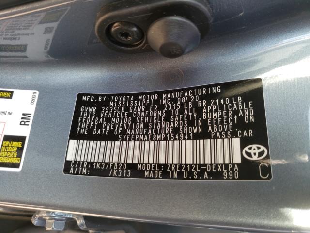 Photo 9 VIN: 5YFEPMAE8MP154941 - TOYOTA COROLLA LE 