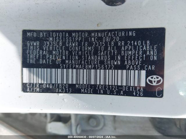 Photo 8 VIN: 5YFEPMAE8MP156172 - TOYOTA COROLLA 