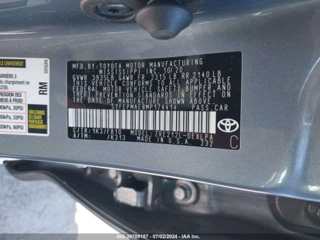 Photo 8 VIN: 5YFEPMAE8MP174414 - TOYOTA COROLLA 