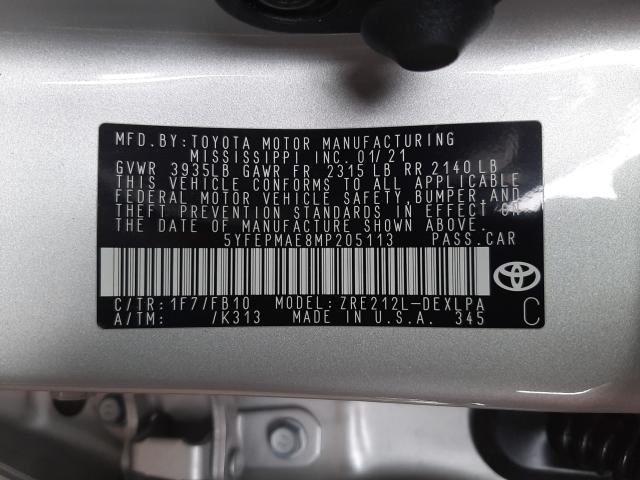 Photo 9 VIN: 5YFEPMAE8MP205113 - TOYOTA COROLLA LE 