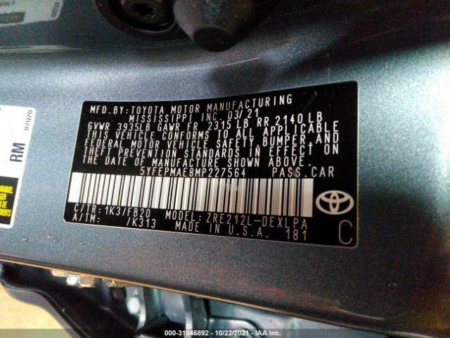 Photo 8 VIN: 5YFEPMAE8MP227564 - TOYOTA COROLLA 