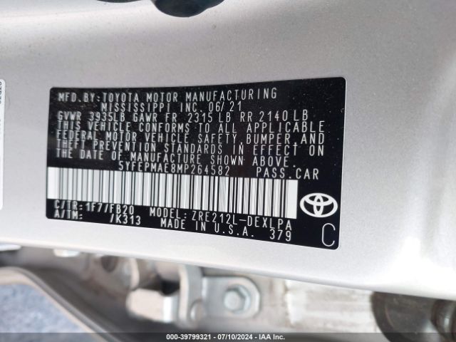 Photo 8 VIN: 5YFEPMAE8MP264582 - TOYOTA COROLLA 