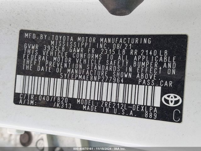 Photo 8 VIN: 5YFEPMAE8NP277964 - TOYOTA COROLLA 