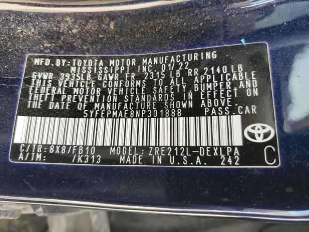 Photo 12 VIN: 5YFEPMAE8NP301888 - TOYOTA COROLLA 