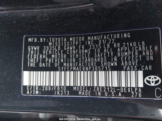 Photo 8 VIN: 5YFEPMAE8NP305715 - TOYOTA COROLLA 