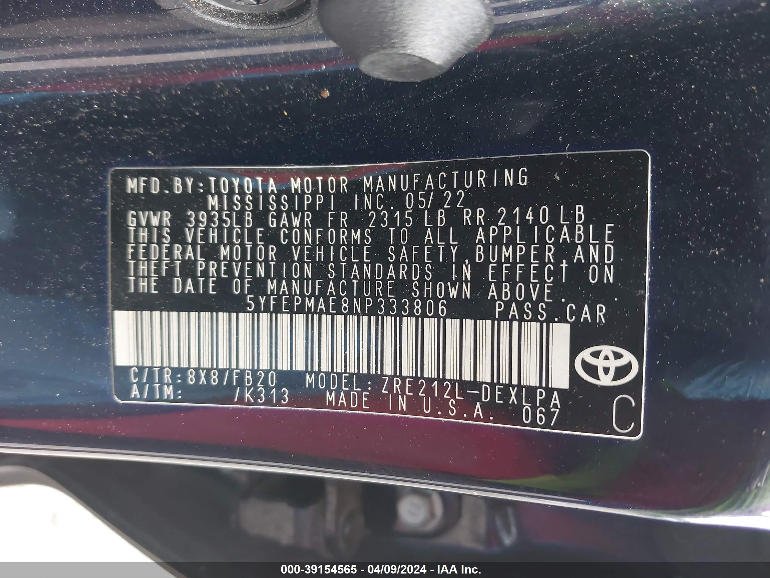 Photo 8 VIN: 5YFEPMAE8NP333806 - TOYOTA COROLLA 