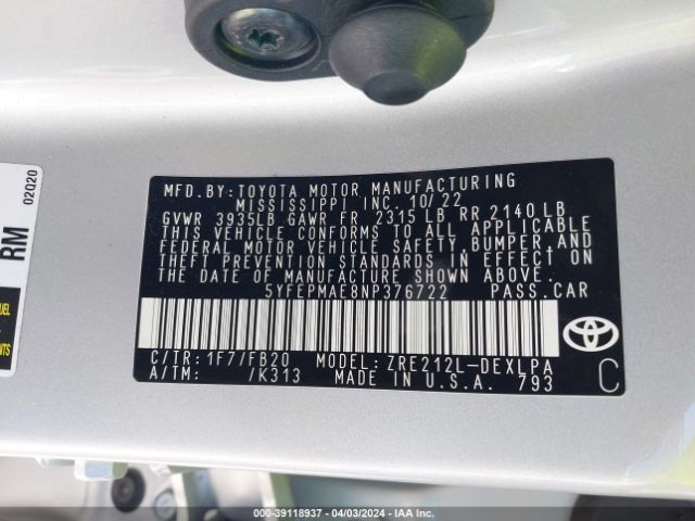 Photo 8 VIN: 5YFEPMAE8NP376722 - TOYOTA COROLLA 