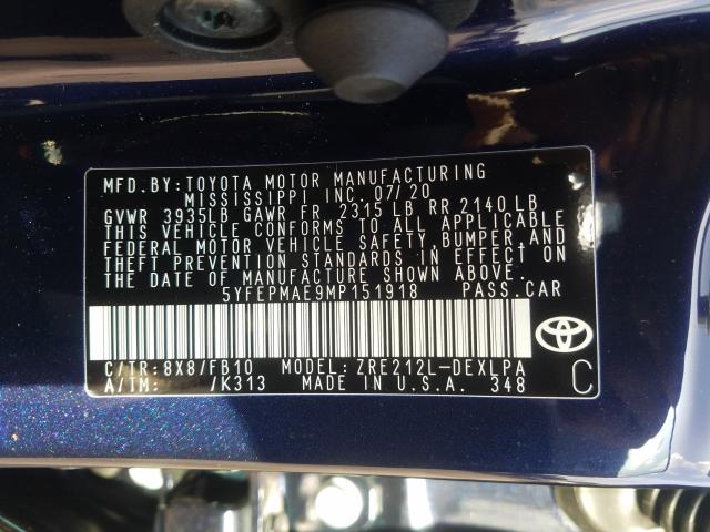 Photo 9 VIN: 5YFEPMAE9MP151918 - TOYOTA COROLLA LE 