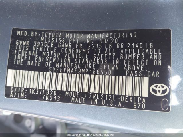 Photo 8 VIN: 5YFEPMAE9MP166550 - TOYOTA COROLLA 