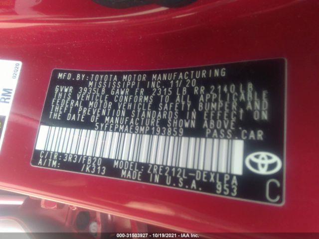 Photo 8 VIN: 5YFEPMAE9MP193859 - TOYOTA COROLLA 