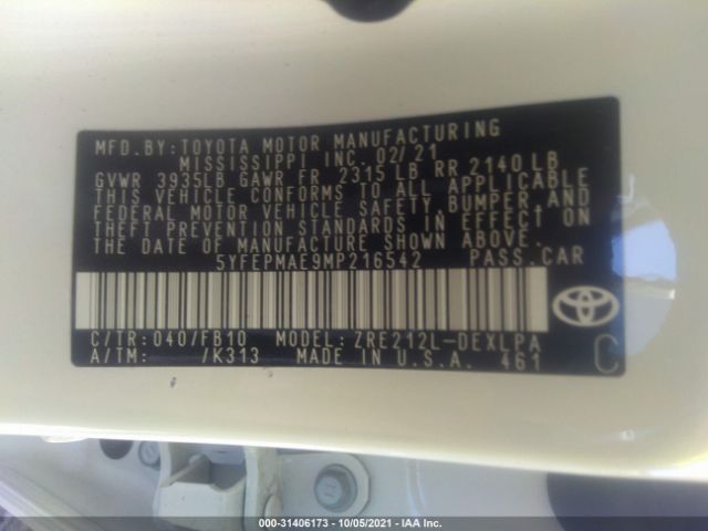 Photo 8 VIN: 5YFEPMAE9MP216542 - TOYOTA COROLLA 