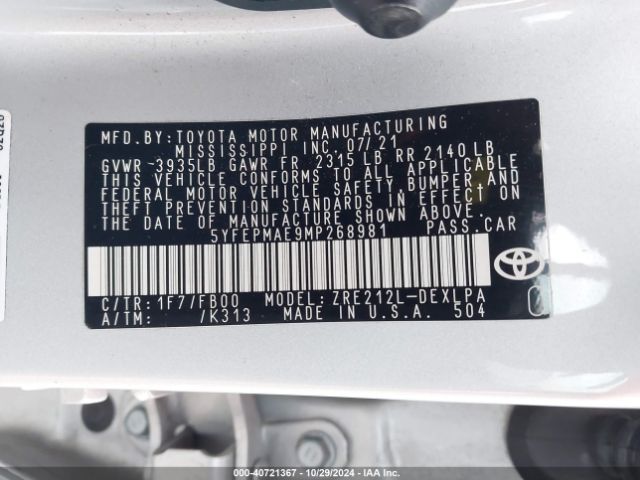 Photo 8 VIN: 5YFEPMAE9MP268981 - TOYOTA COROLLA 