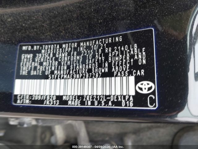 Photo 8 VIN: 5YFEPMAE9NP287287 - TOYOTA COROLLA 