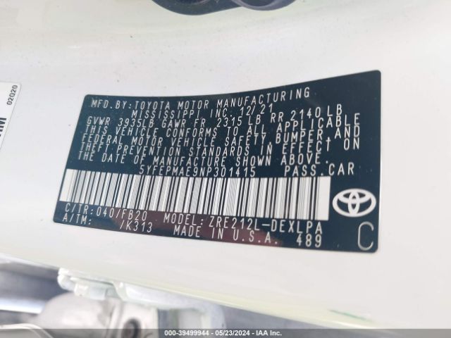 Photo 8 VIN: 5YFEPMAE9NP301415 - TOYOTA COROLLA 