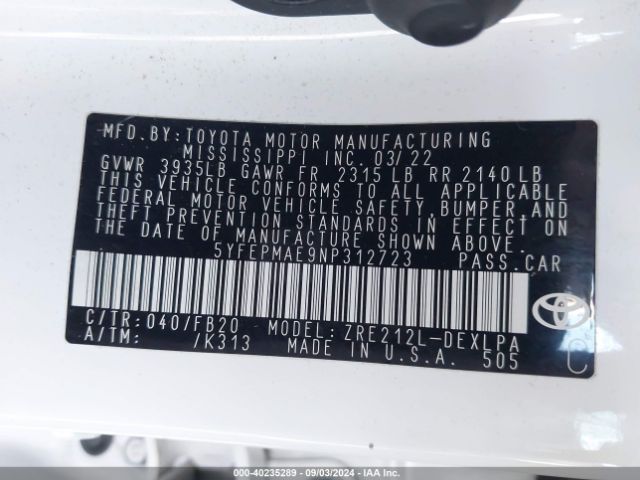 Photo 8 VIN: 5YFEPMAE9NP312723 - TOYOTA COROLLA 